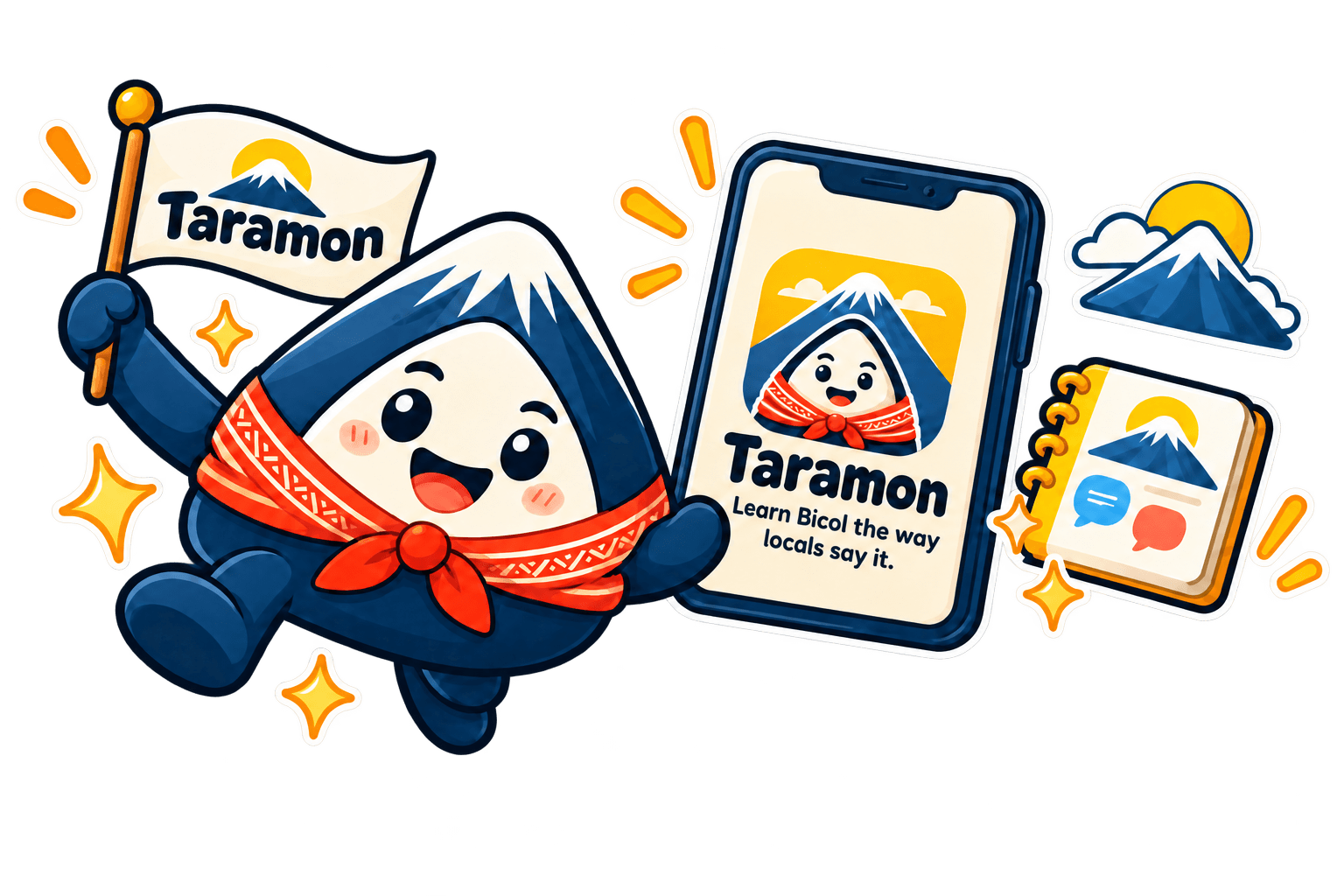Taramon waving a flag beside a phone showing the Taramon app and a Start Learning button.