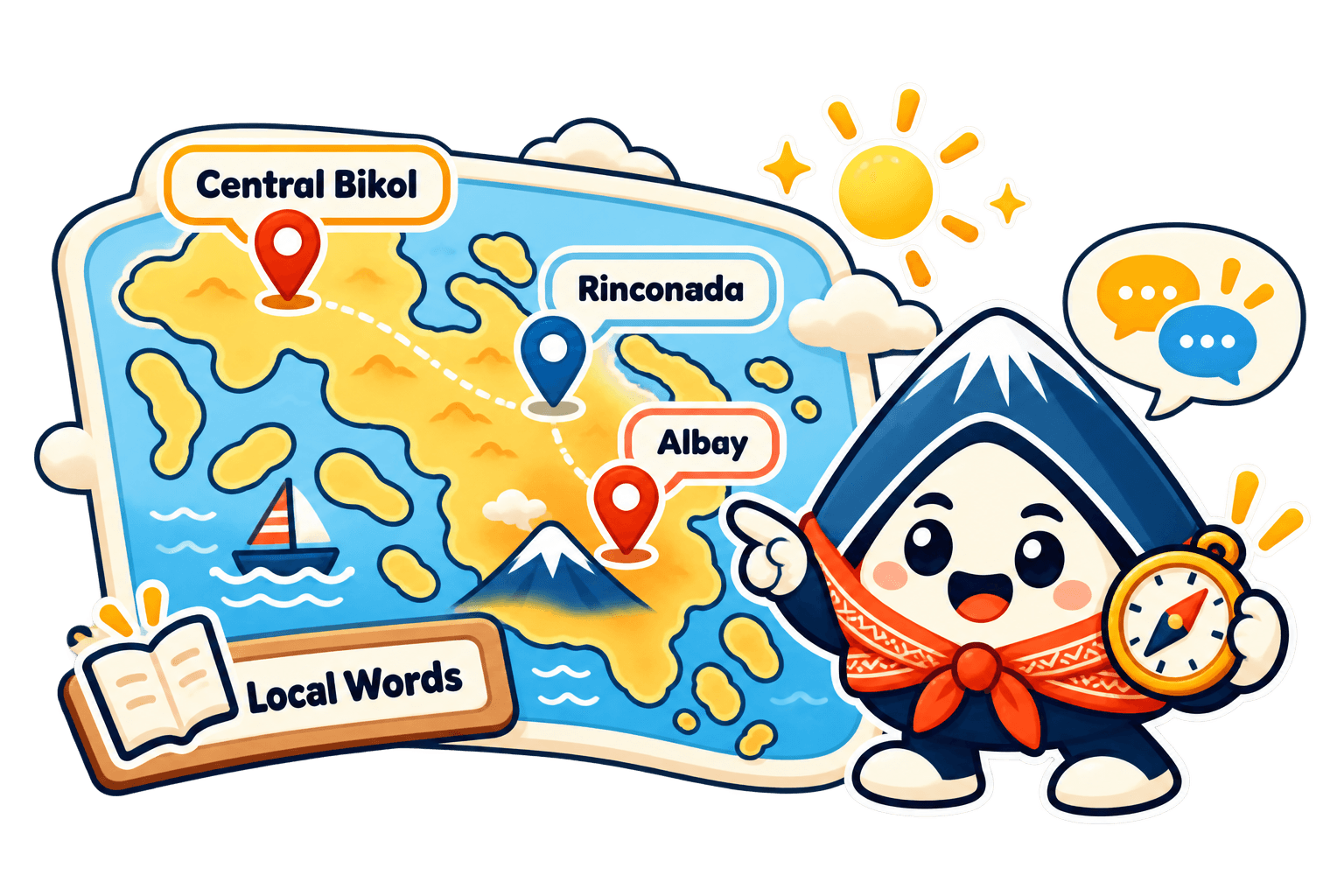 Illustrated map of Bicol with location pins and a Local Words book, with the mascot holding a compass.