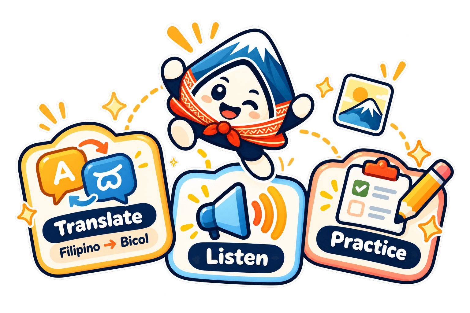 Taramon jumping between three cards labeled Translate Filipino to Bicol, Listen, and Practice.