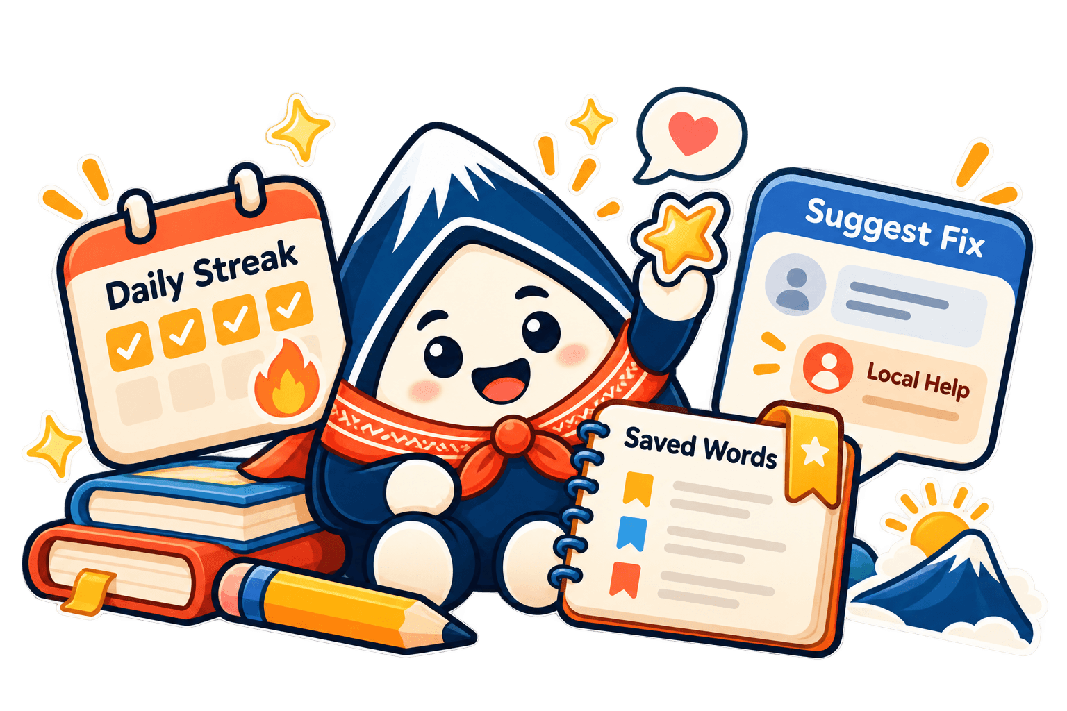 Taramon with a Daily Streak calendar, a Saved Words notebook, and a Suggest Fix card with Local Help.