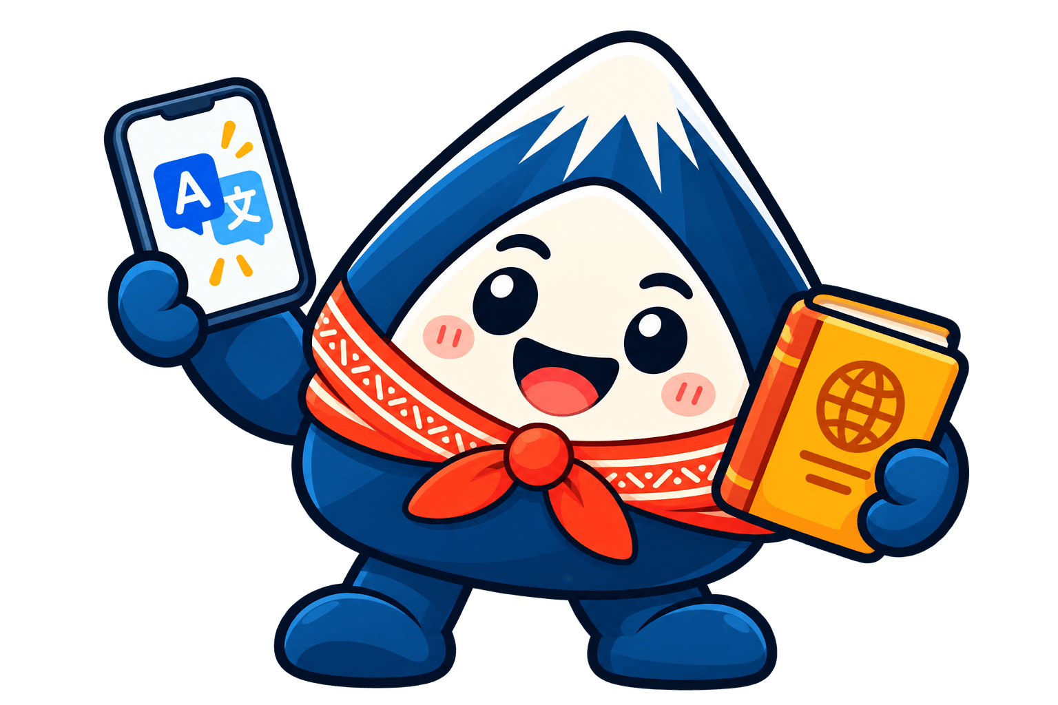 Taramon the smiling Mayon mascot holding a phone with a translation symbol and an orange language book.